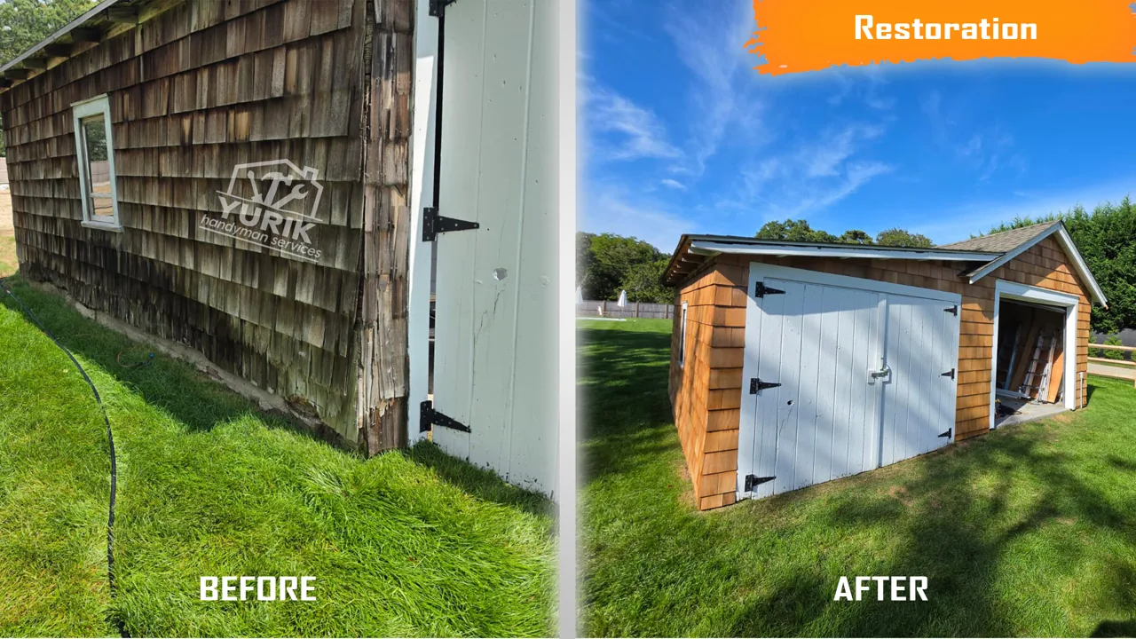 Shed exterior before and after restoration