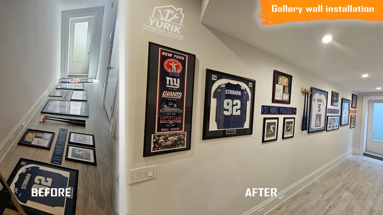 Framed sports memorabilia before and after gallery wall installation