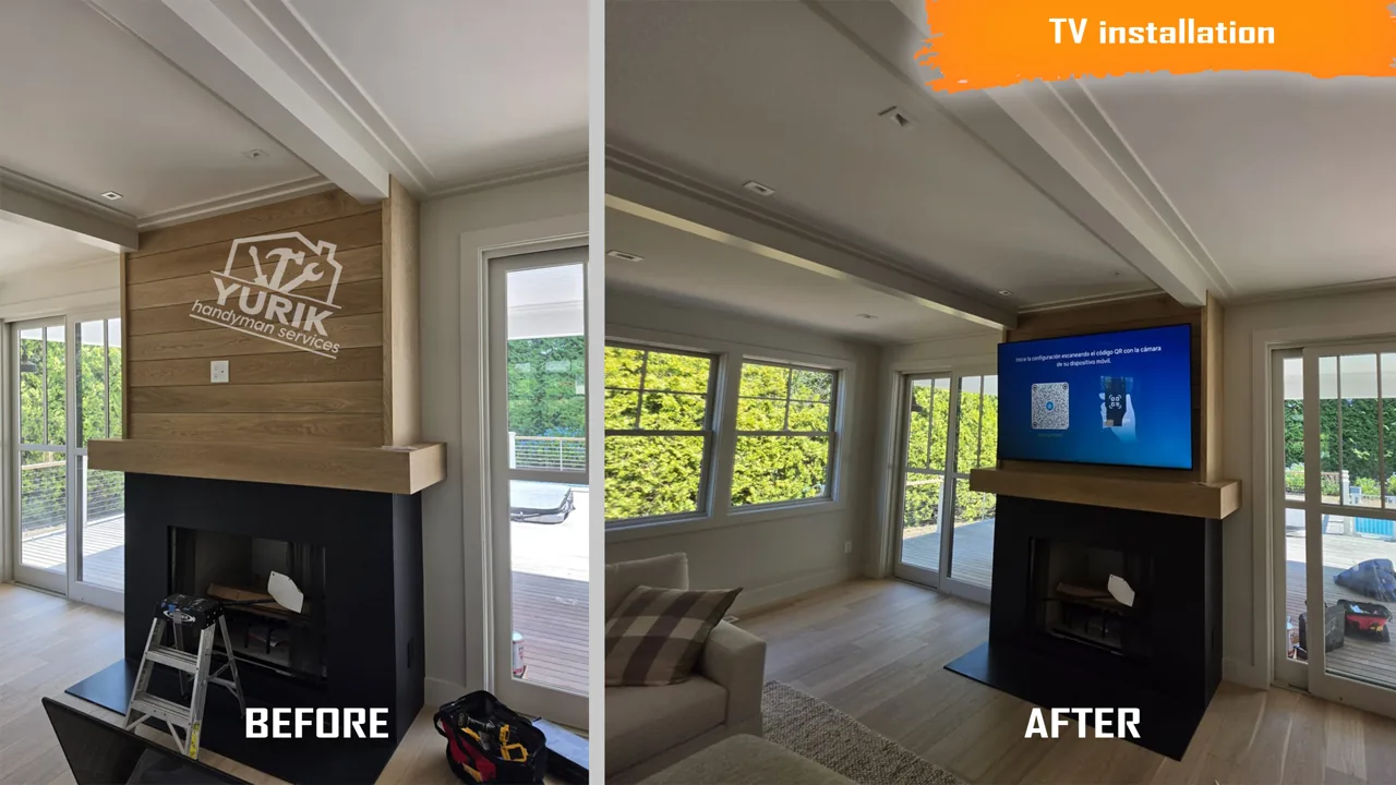 Fireplace wall before and after TV mounting