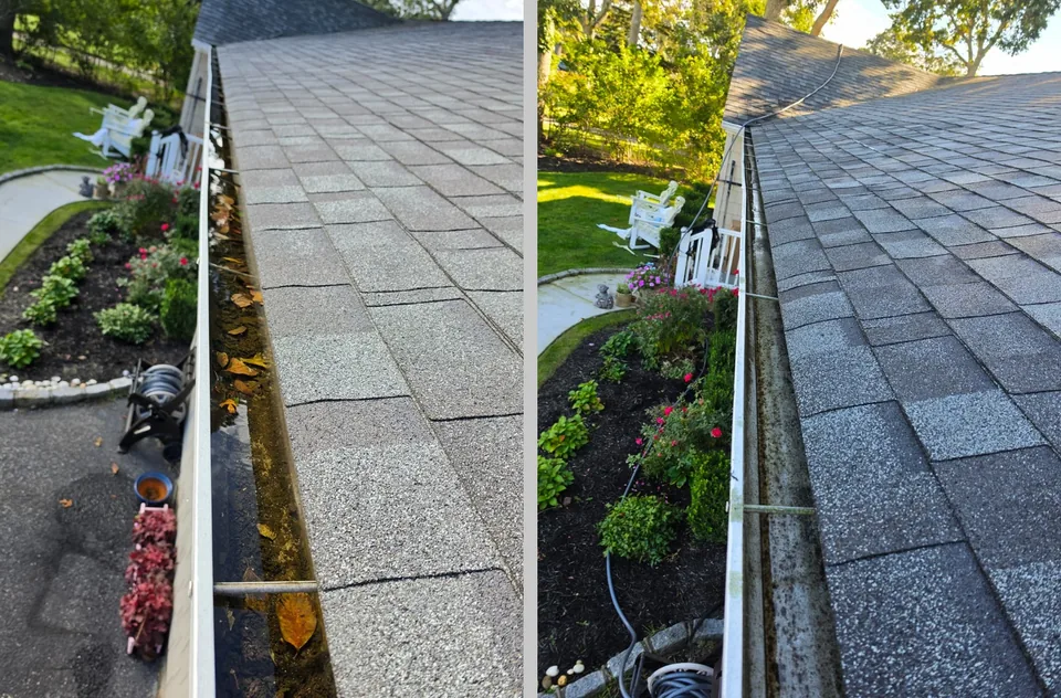 Gutter before and after leaves and debris were removed
